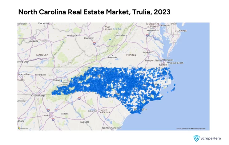 A map showing the real estate market of North Carolina as per Trulia housing data. 