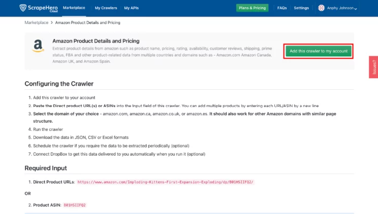 Adding ScrapeHero Amazon product details and pricing scraper from ScrapeHero Cloud to the user's account