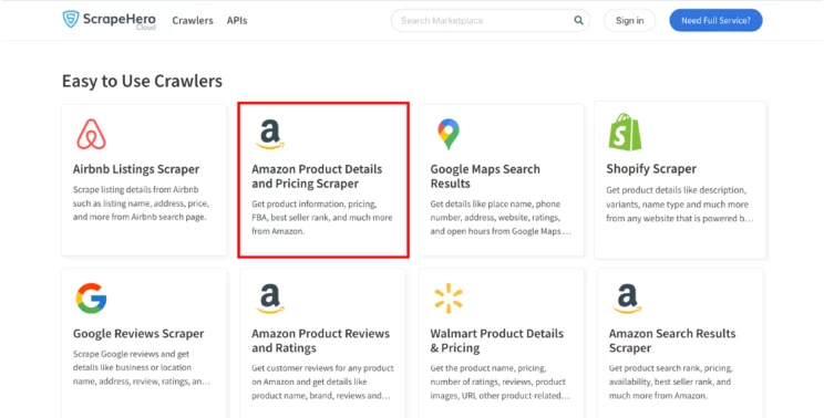 Choosing ScrapeHero Amazon product details and pricing scraper from ScrapeHero Cloud Crawlers page
