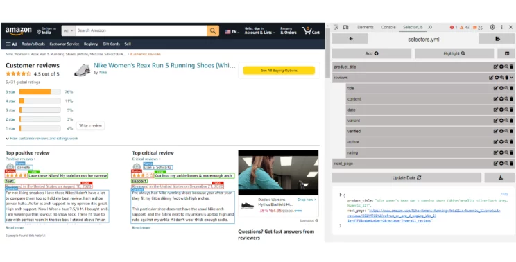 Marking the data fields to scrape from the Amazon Product Reviews Page using the Selectorlib Chrome Extension