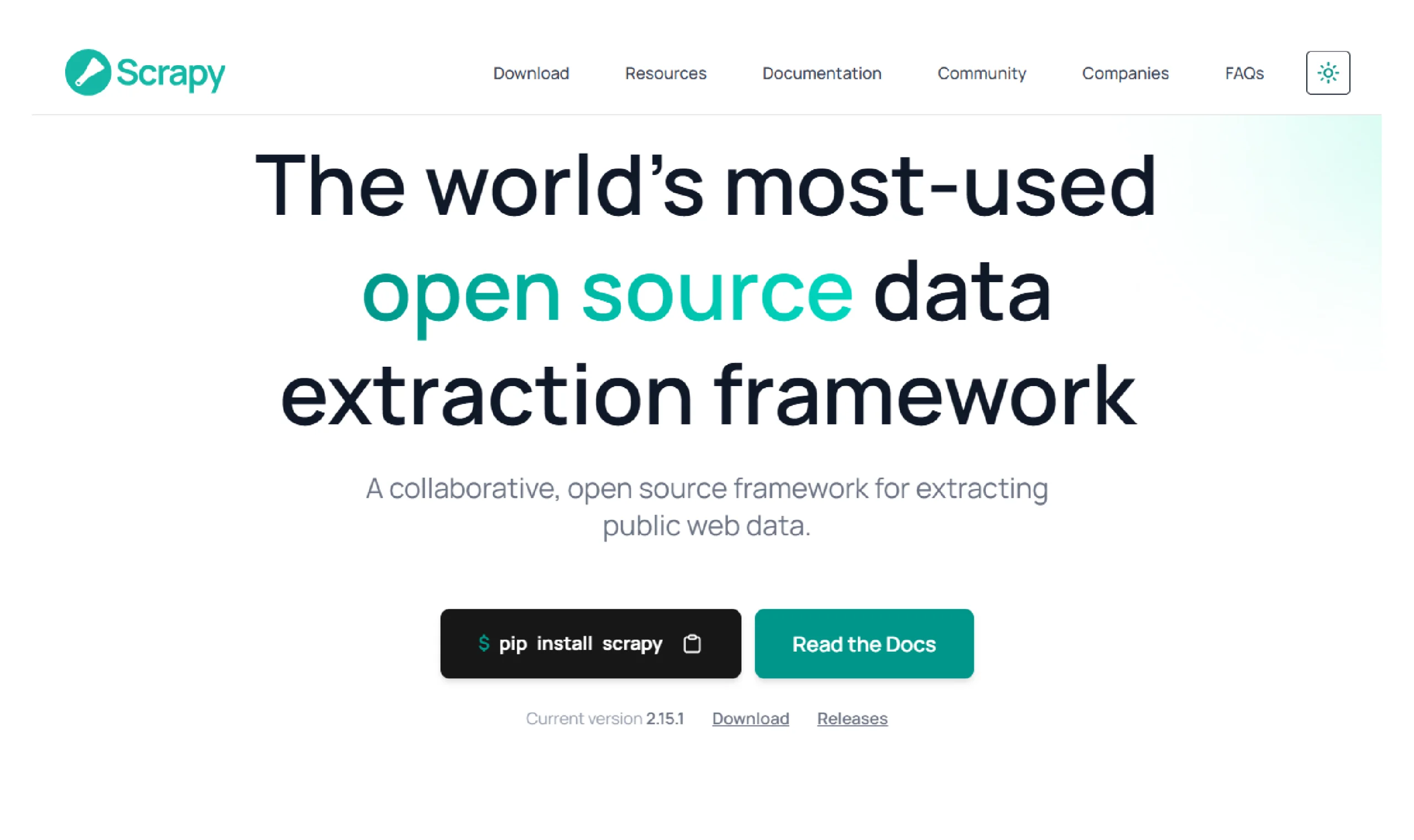 Homepage highlighting Python-based web scraping and scalable crawling framework features.