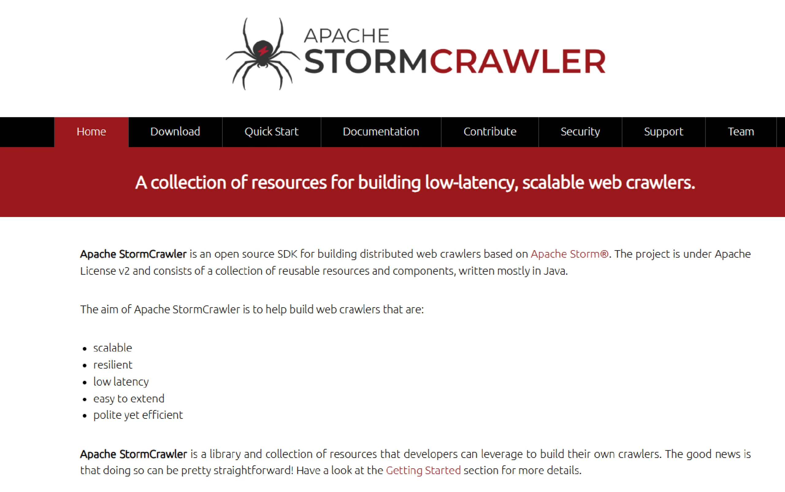 Homepage describing scalable distributed web crawling built on Apache Storm.