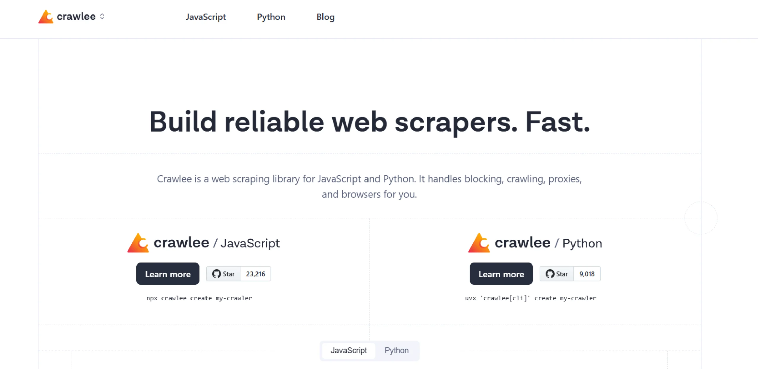 Developer homepage presenting scalable web crawling and scraping orchestration tools. 