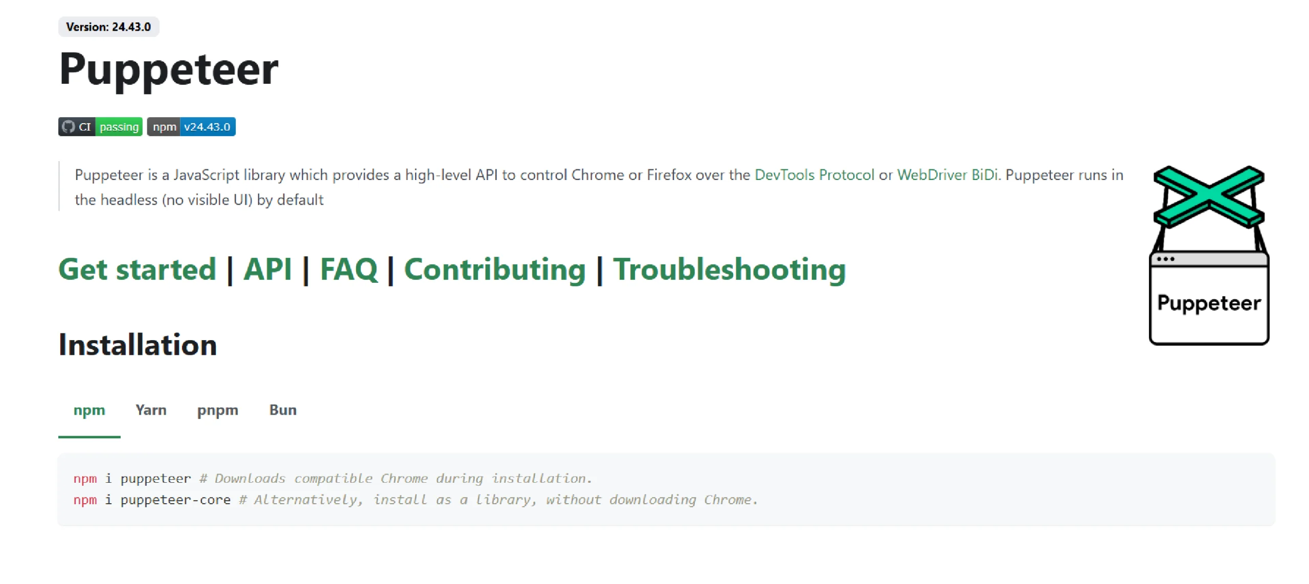 Homepage showing Chrome automation and browser control documentation for web scraping workflows.