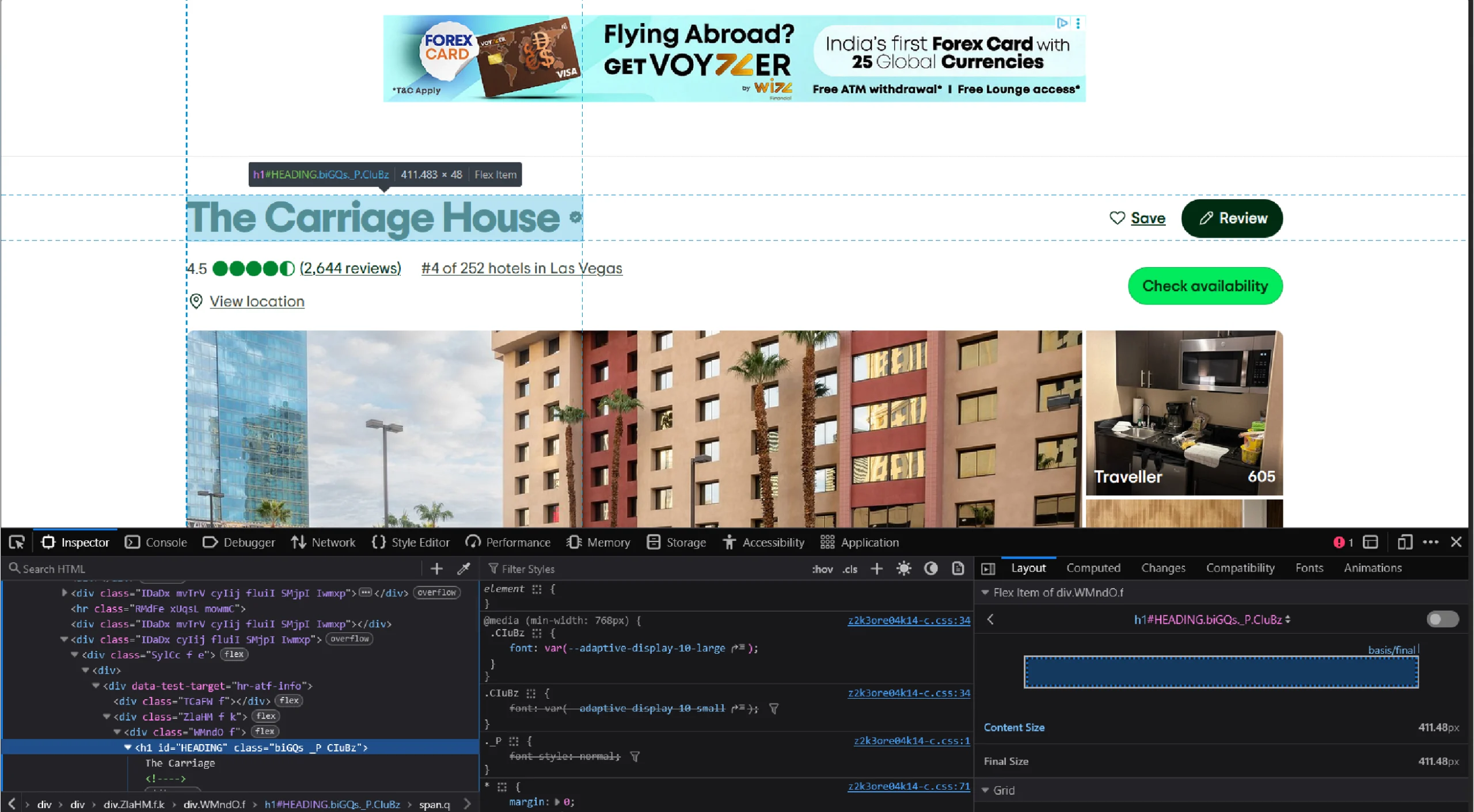 The Carriage House hotel's page on Tripadvisor showing the browser's inspect panel.
