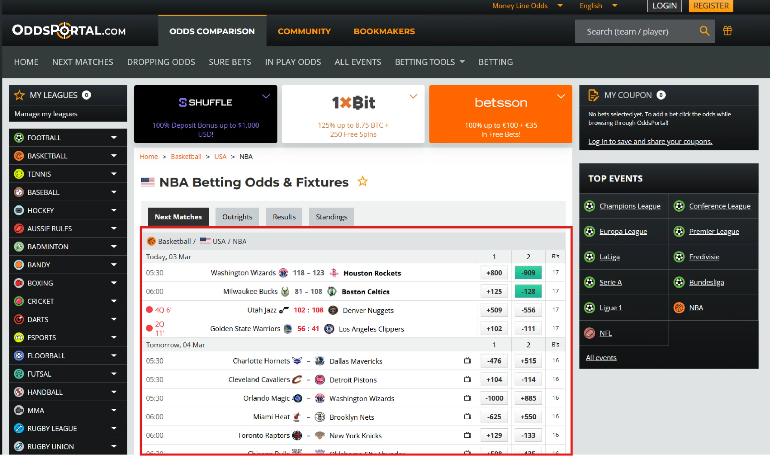 Screenshot showing the NBA odds you will extract while scraping oddsportal.com