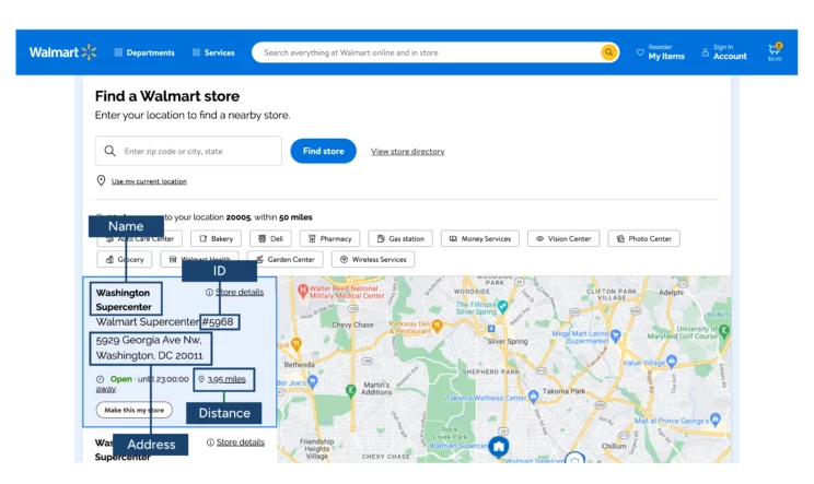 Data extracted while web scraping scraping Walmart store location