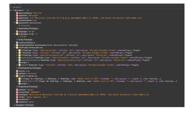 Expanded view of the navigator object of a Safari browser