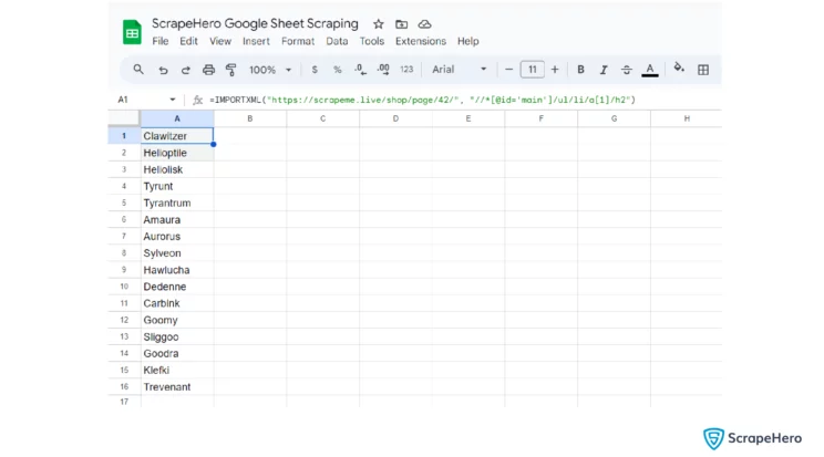 Pulling out all the Pokemon names using the XPath query in Google Sheets web scraping