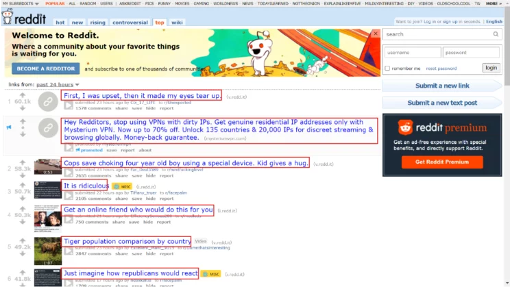 Screenshot showing Reddit post titles and URLs