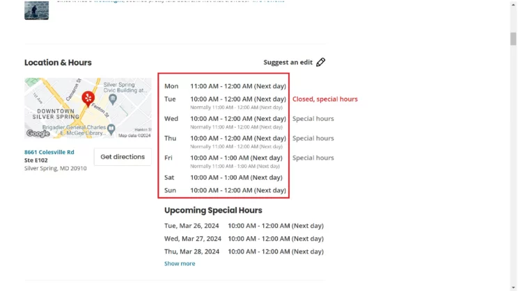 Screenshot showing data working hours table extracted from a business listing page while web scraping Yelp