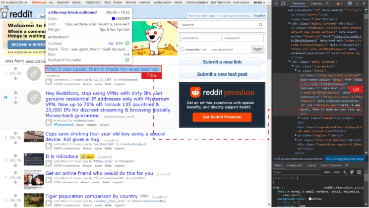 Screenshot showing the HTML code of elements extracted while web scraping Reddit post titles URLs