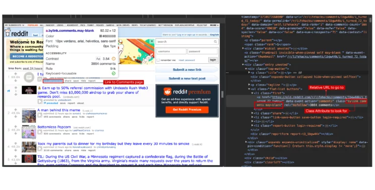 Screenshot showing the HTML code of the link used for web scraping Reddit comments