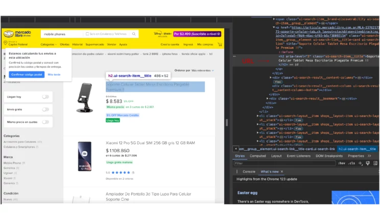 Screenshot showing the URL to be scraped while web scraping MercadoLibre