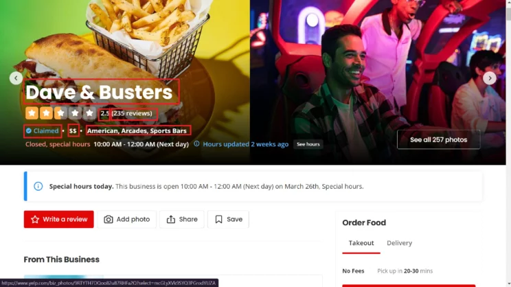 Screenshot showing the business details extracted from a business listing page while web scraping Yelp 