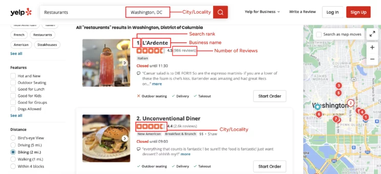 Screenshot showing the data extracted from the search results page while web scraping Yelp 