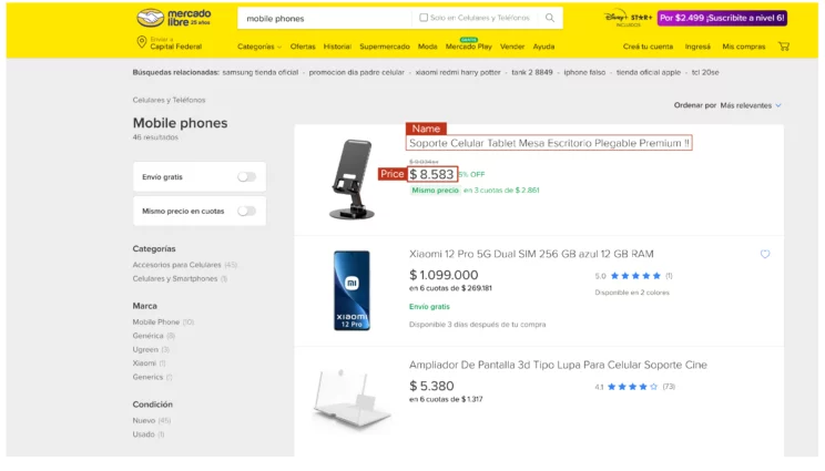 Screenshot showing the data points scraped while web scraping MercadoLibre