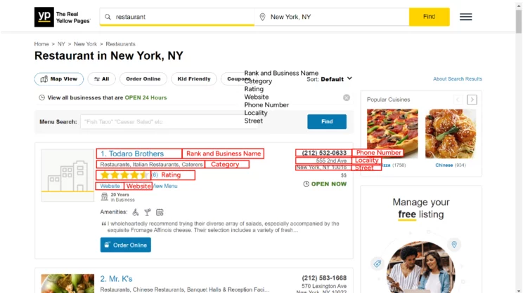 Screenshot showing the data to be extracted while web scraping Yellow Pages