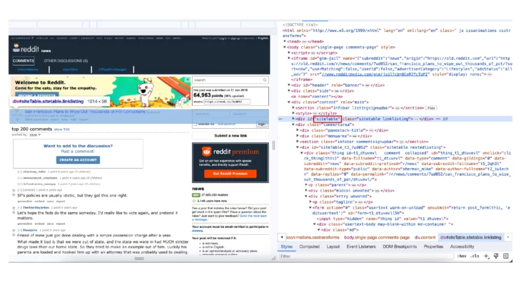 Screenshot showing the div siteTable required for web scraping Reddit comments