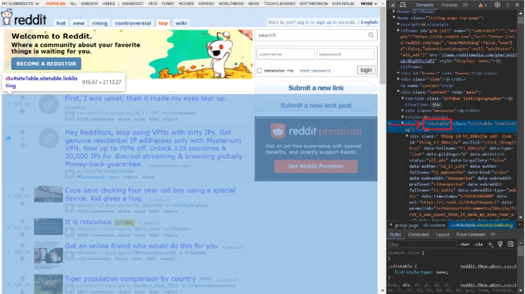 Screenshot showing the div with the ID siteTable req located while scraping Reddit post titles and URLs 