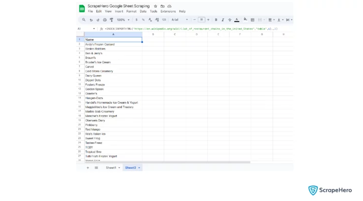 Specific column of data that is scraped using the INDEX(IMPORTHTML)