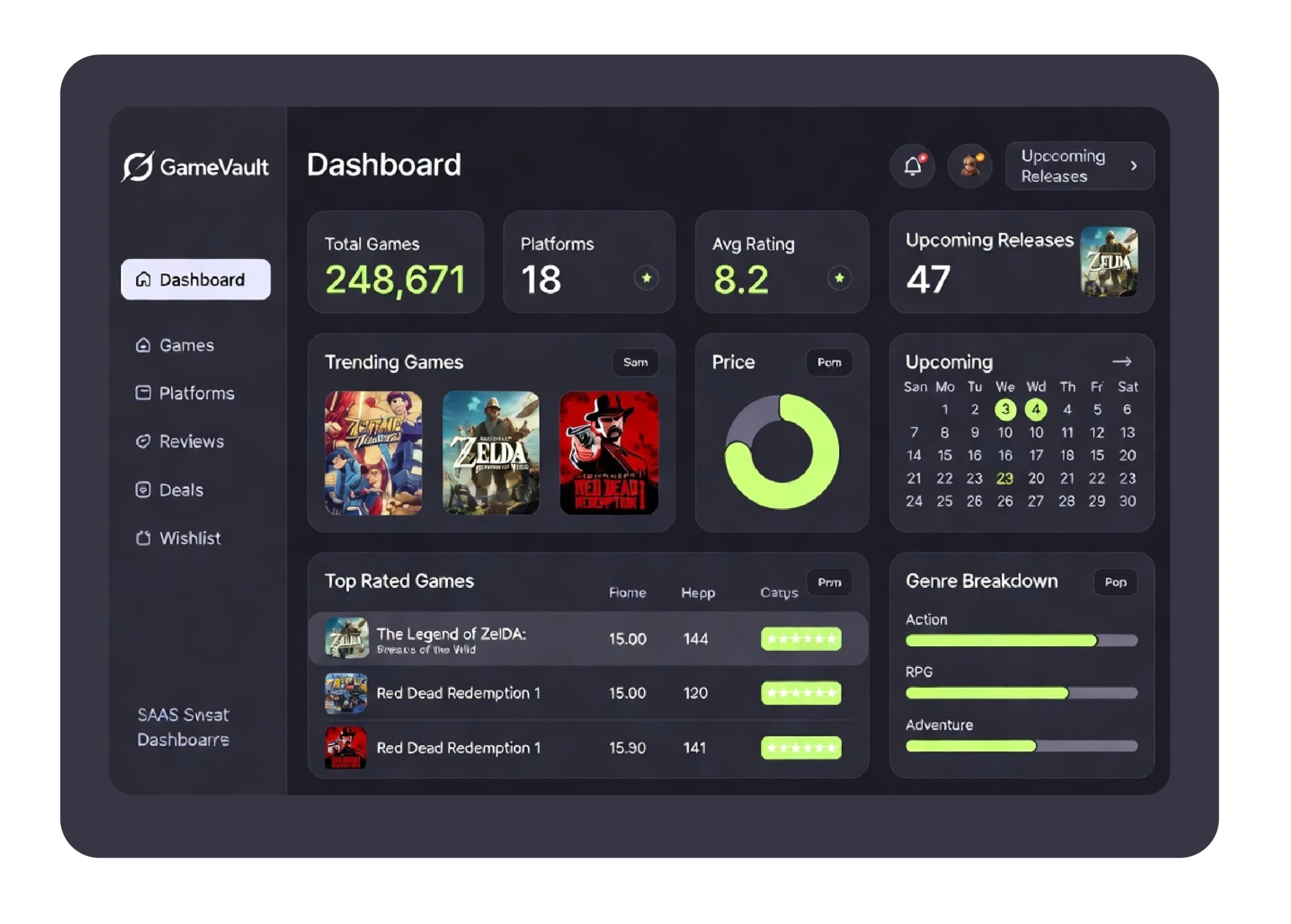 Video game database interface with Steam and Epic Games listings, prices, reviews, and ratings