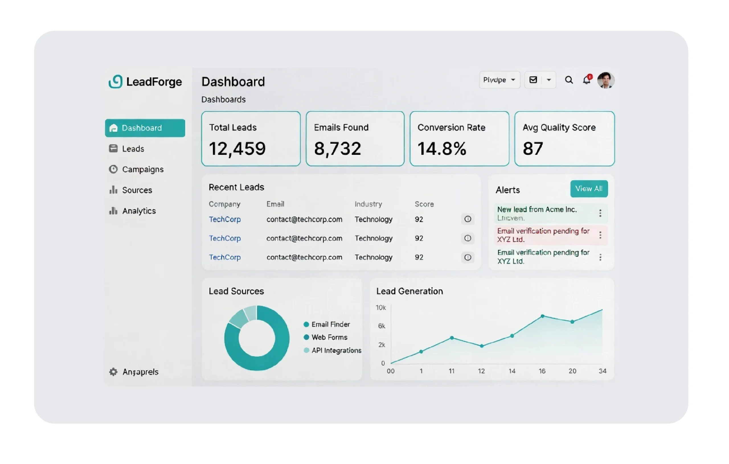 Lead generation dashboard displaying scraped emails, phone numbers, and verified business contacts