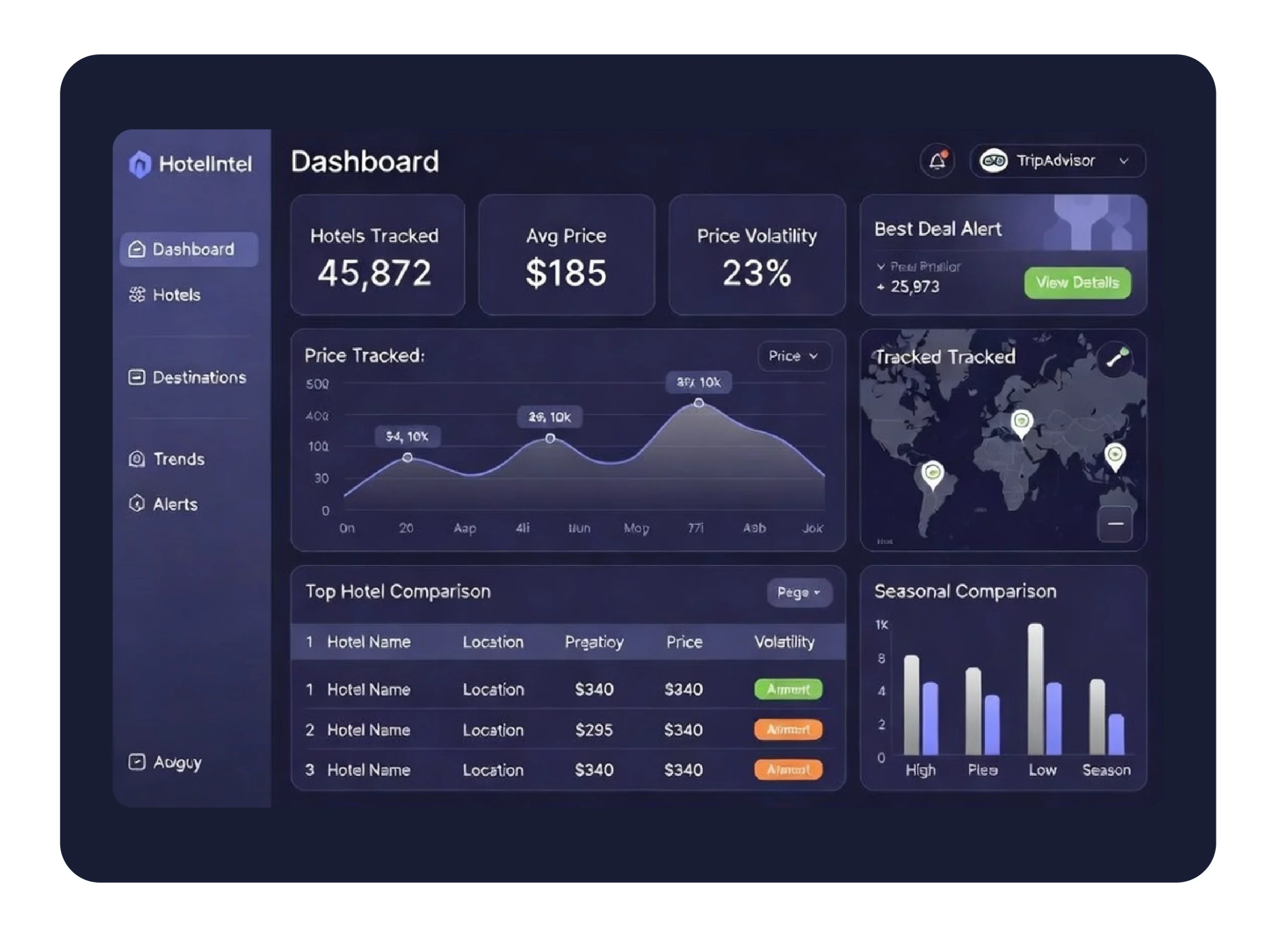 Hotel pricing analytics dashboard with TripAdvisor rates, seasonal trends, and regional comparison charts