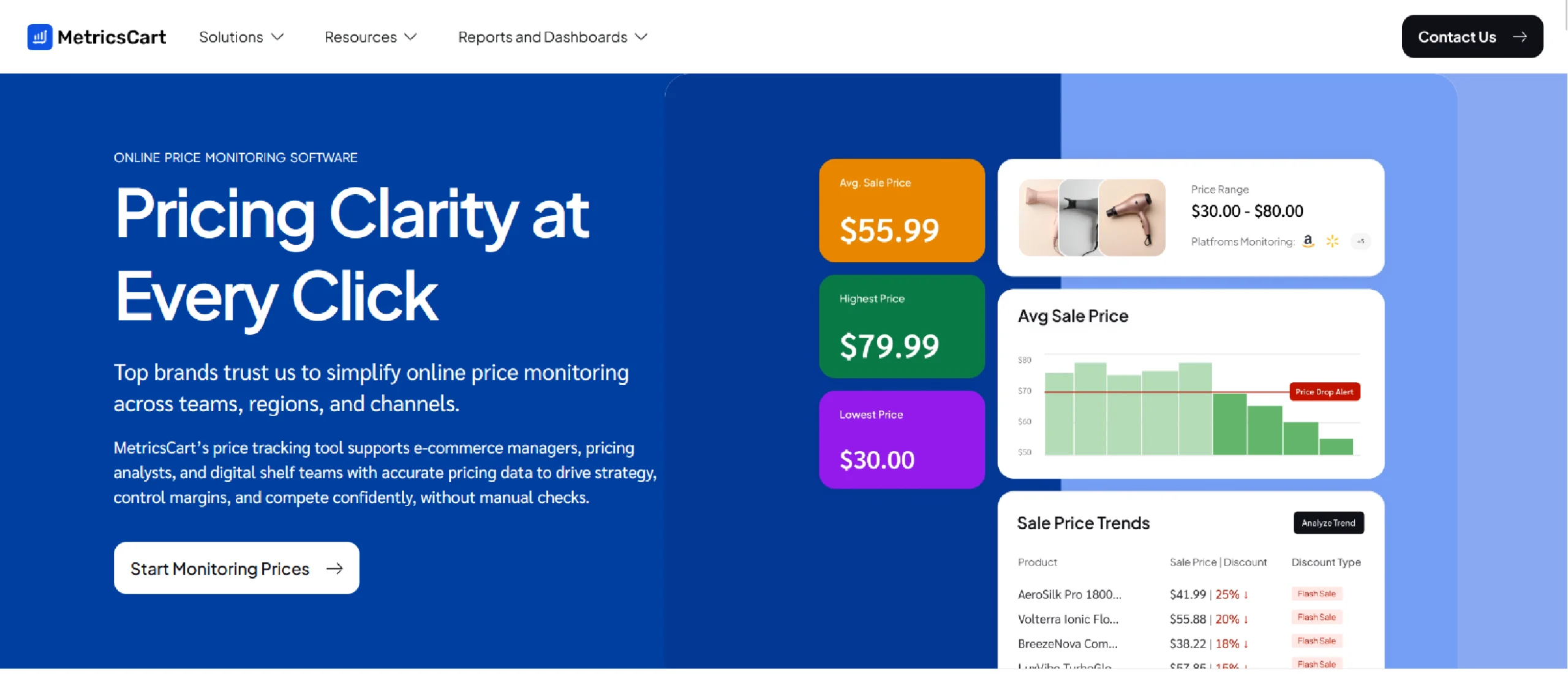 The homepage of MetricsCart