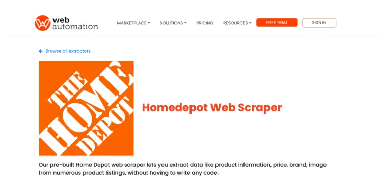 home page of the Home Depot price scraping tool