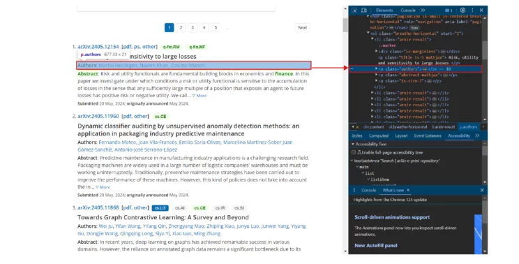 Developer tools holding the p tag holding author names