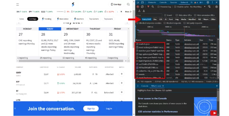 Fetch/XHR tab and Name panel in developer options