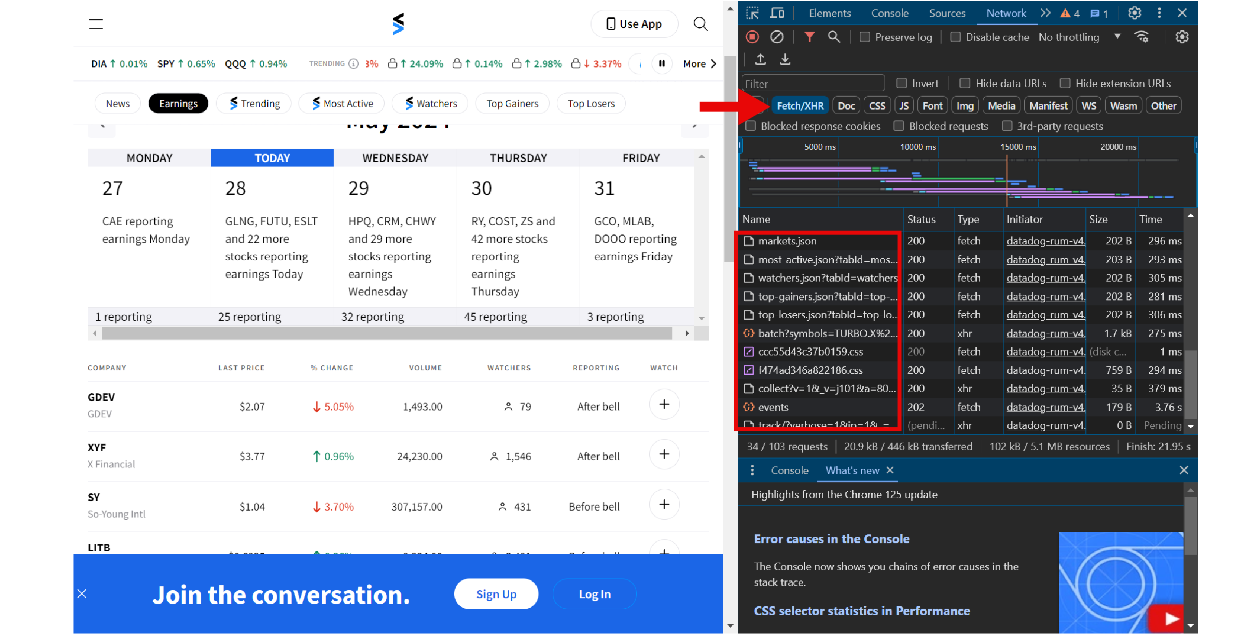Name column in Fetch/XHR of DevTools while on StockTwits.com