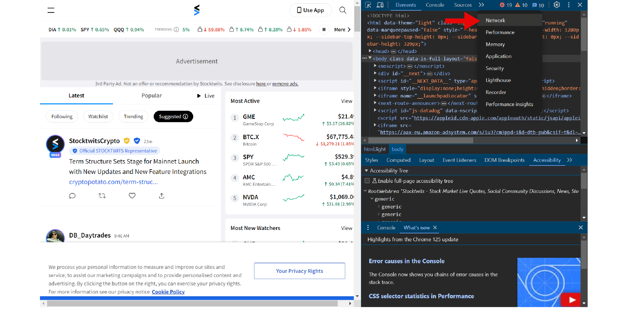 Network tab in DevTools while on StockTwits.com