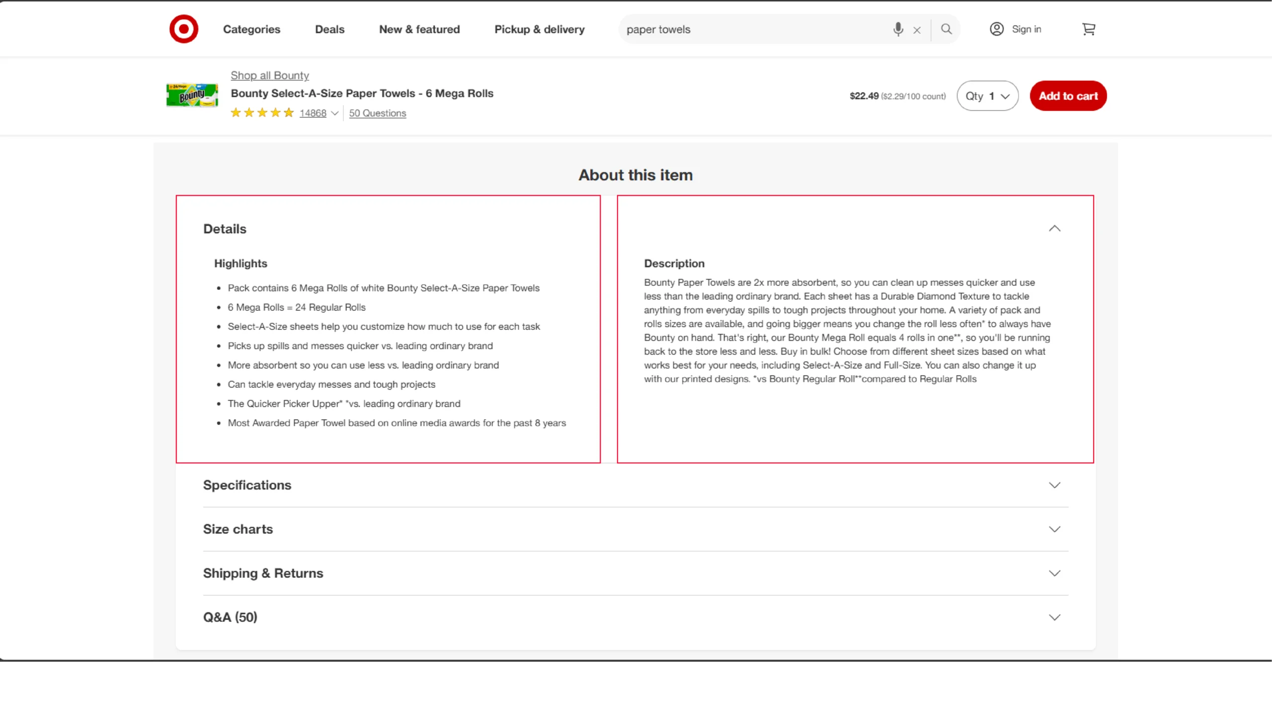Product features and description on Target.com 