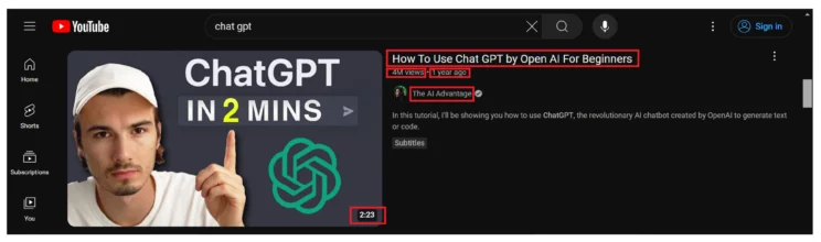 Data scraped from the search results page while web scraping YouTube