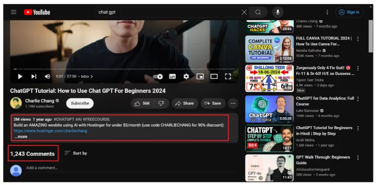 Data scraped from the video page of YouTube