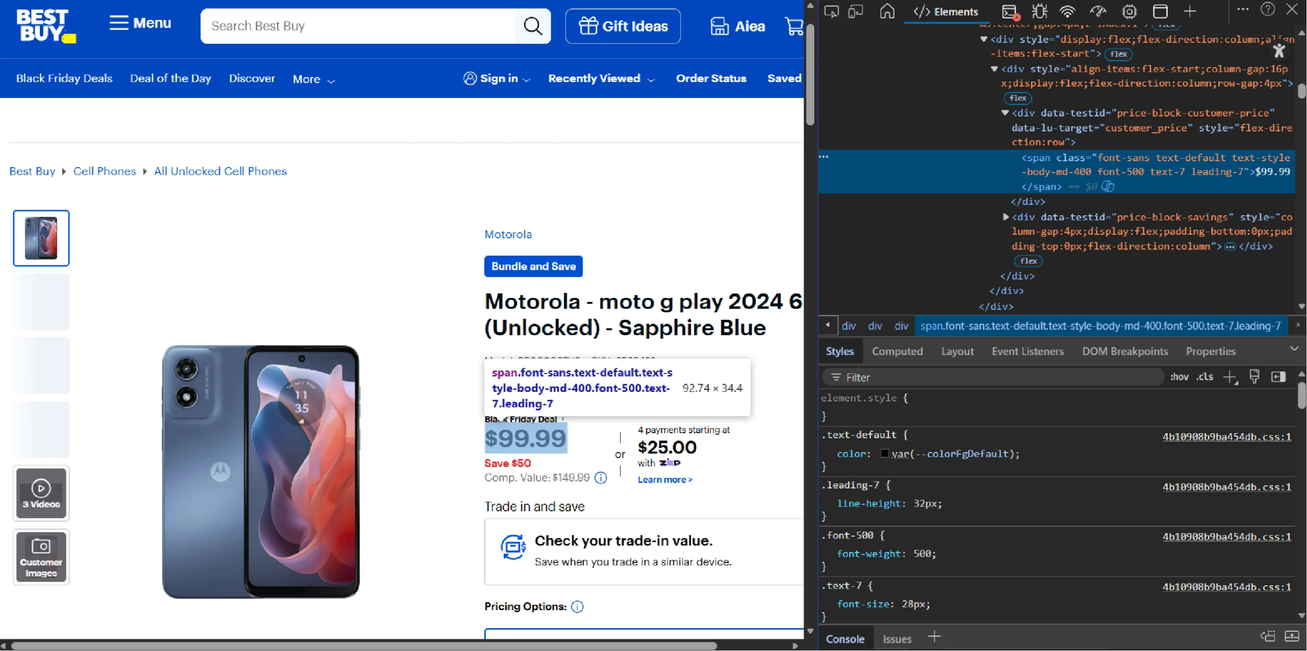 Inspecting product price on Best Buy 