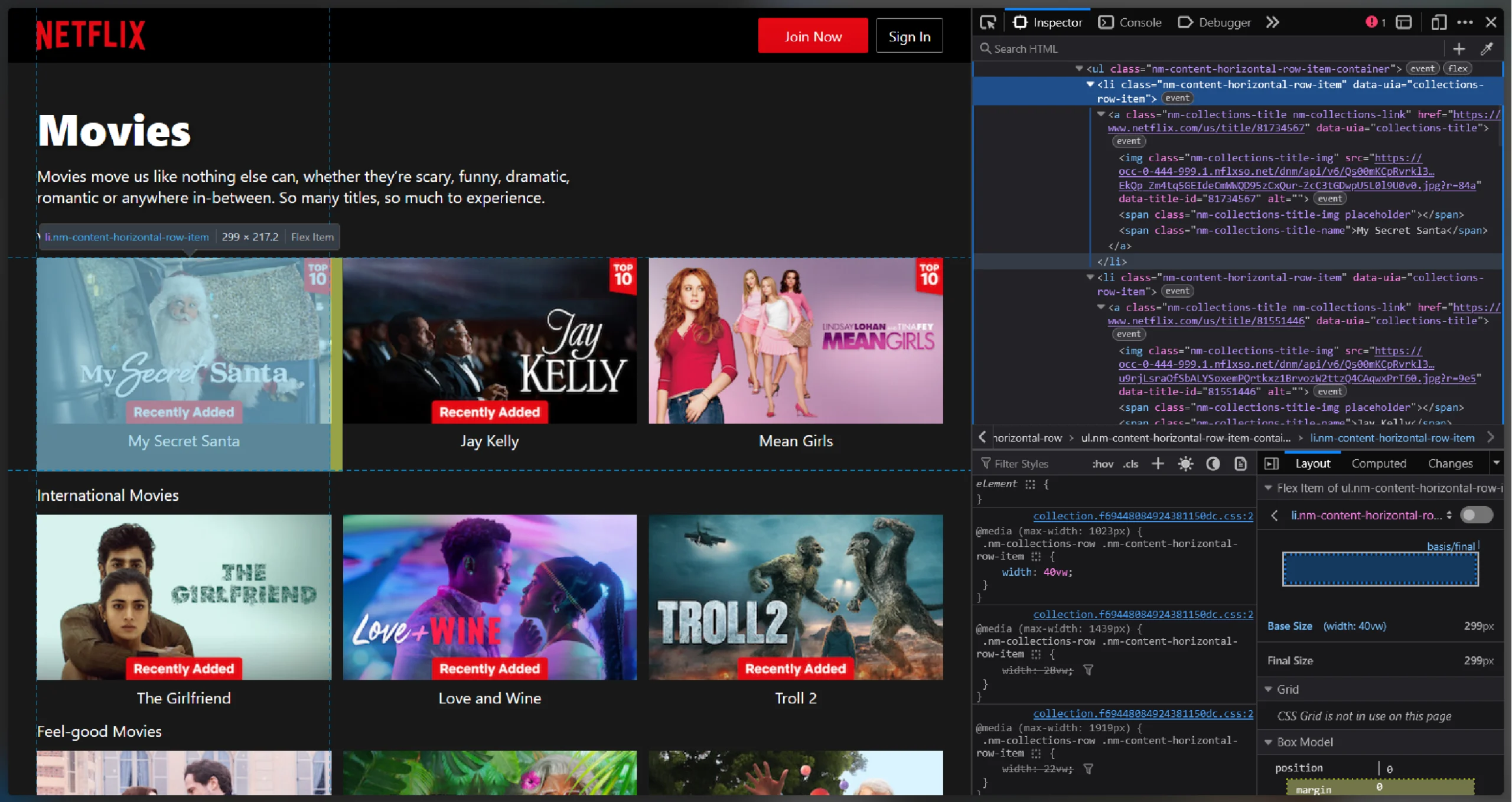 Inspect panel showing HTML tags holding movie listings on Netflix