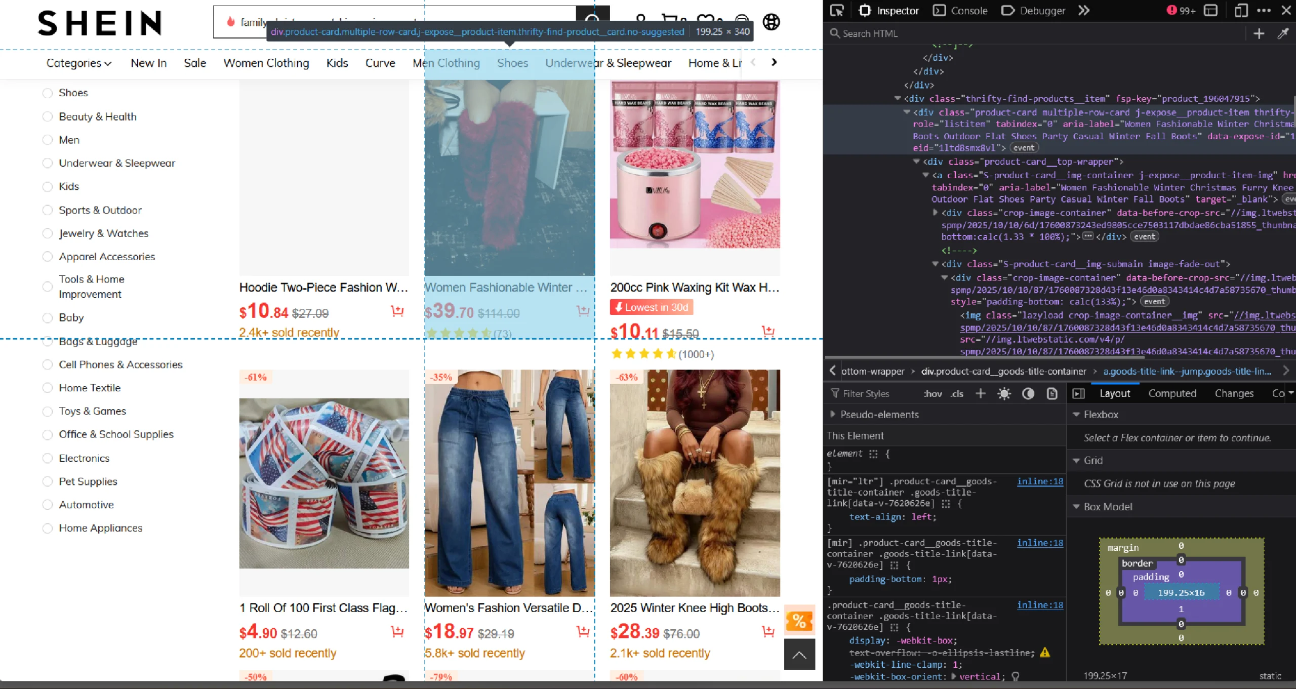Shein’s search results page with the inspect panel on the right 