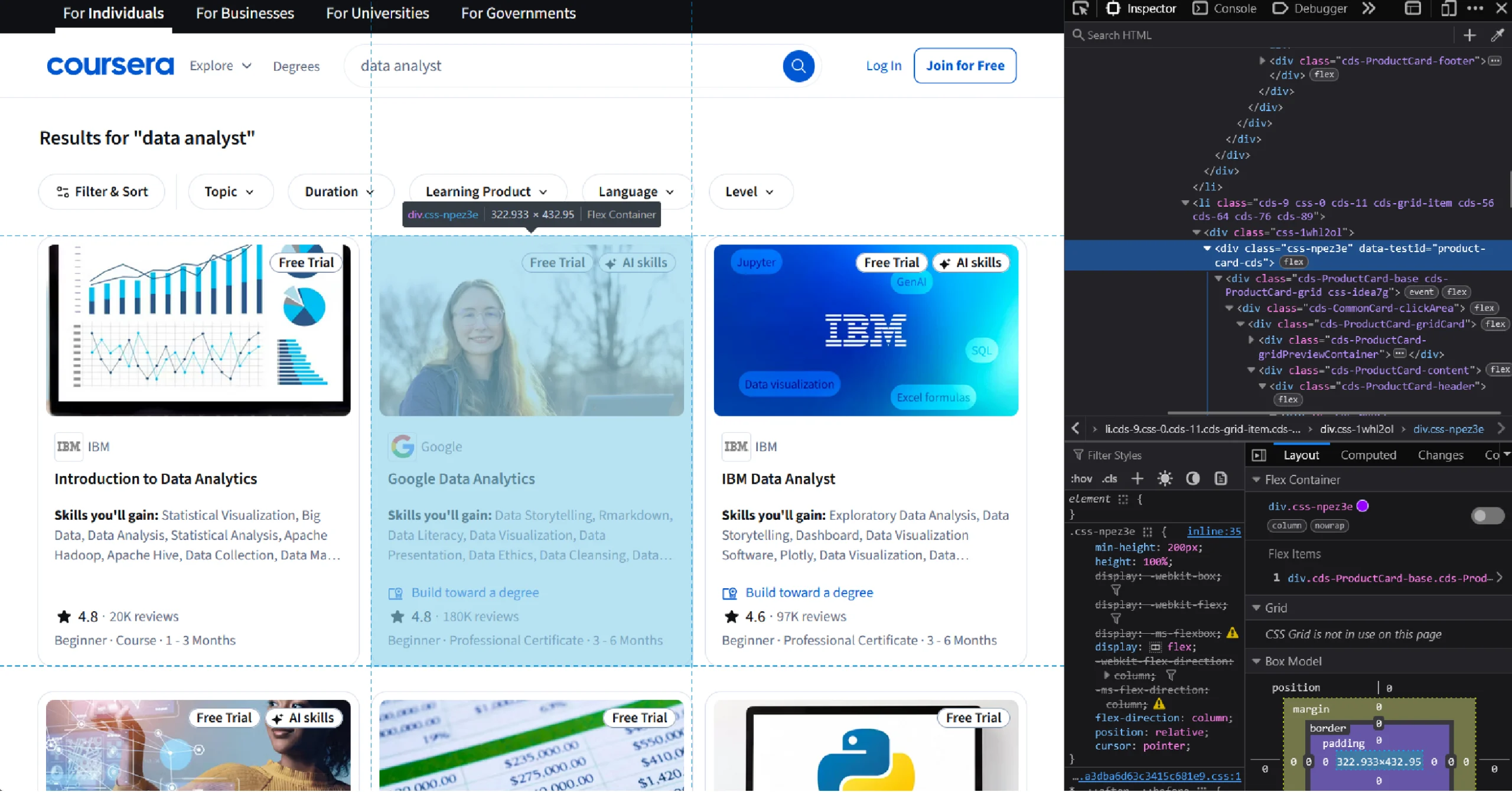 Coursera’s search results page with inspect panel on the right showing the div element with the data-testid “product-card-cds”
