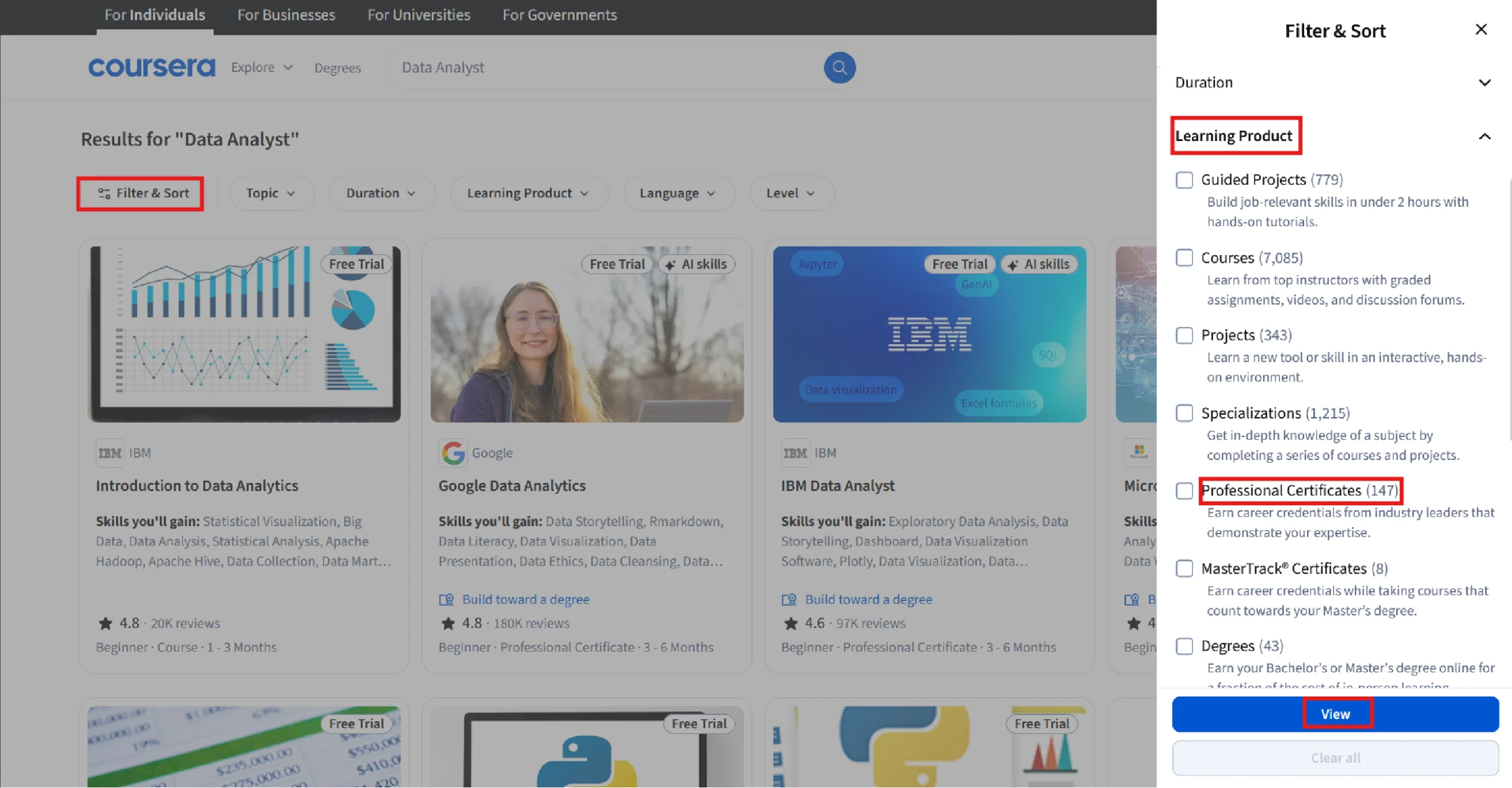 Coursera’s search results pages with clickable items shown using red rectangles