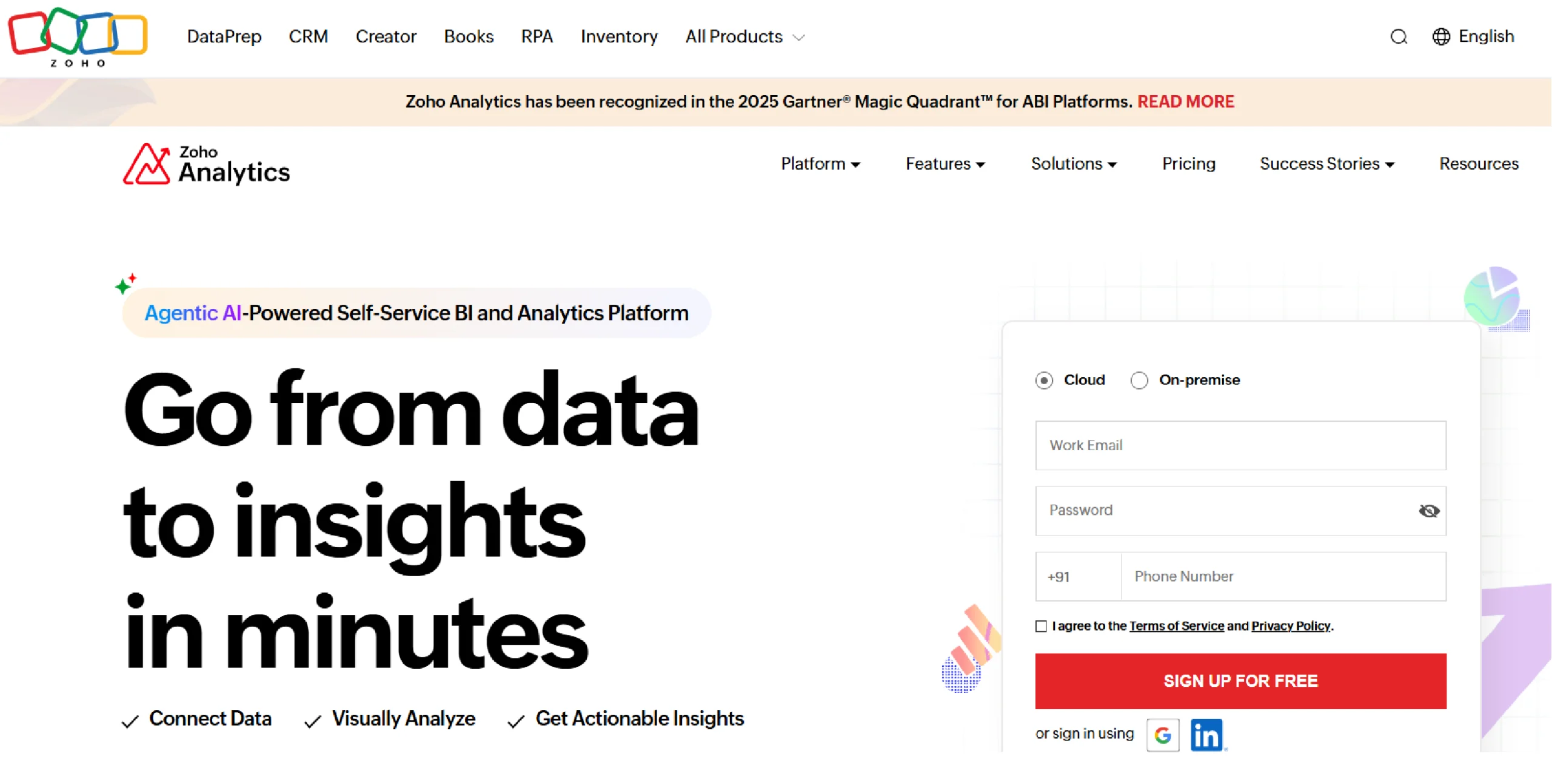 Homepage of Zoho Analytics, one of the data visualization tools available in 2025.
