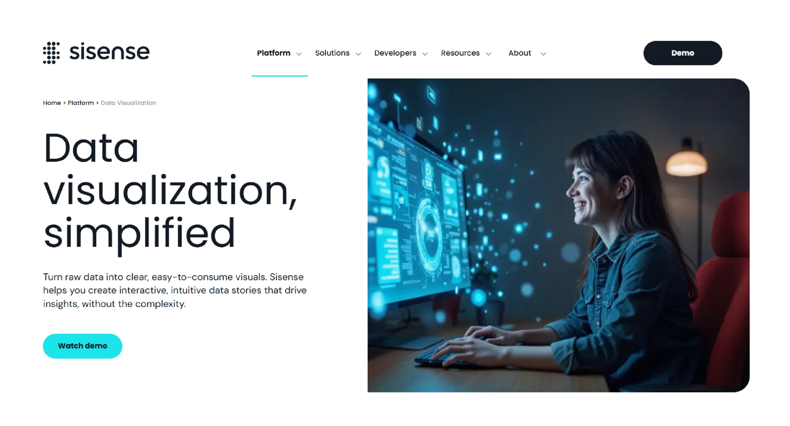 Home page of Sisense, an AI-powered analytics platform with strong data visualization capabilities.