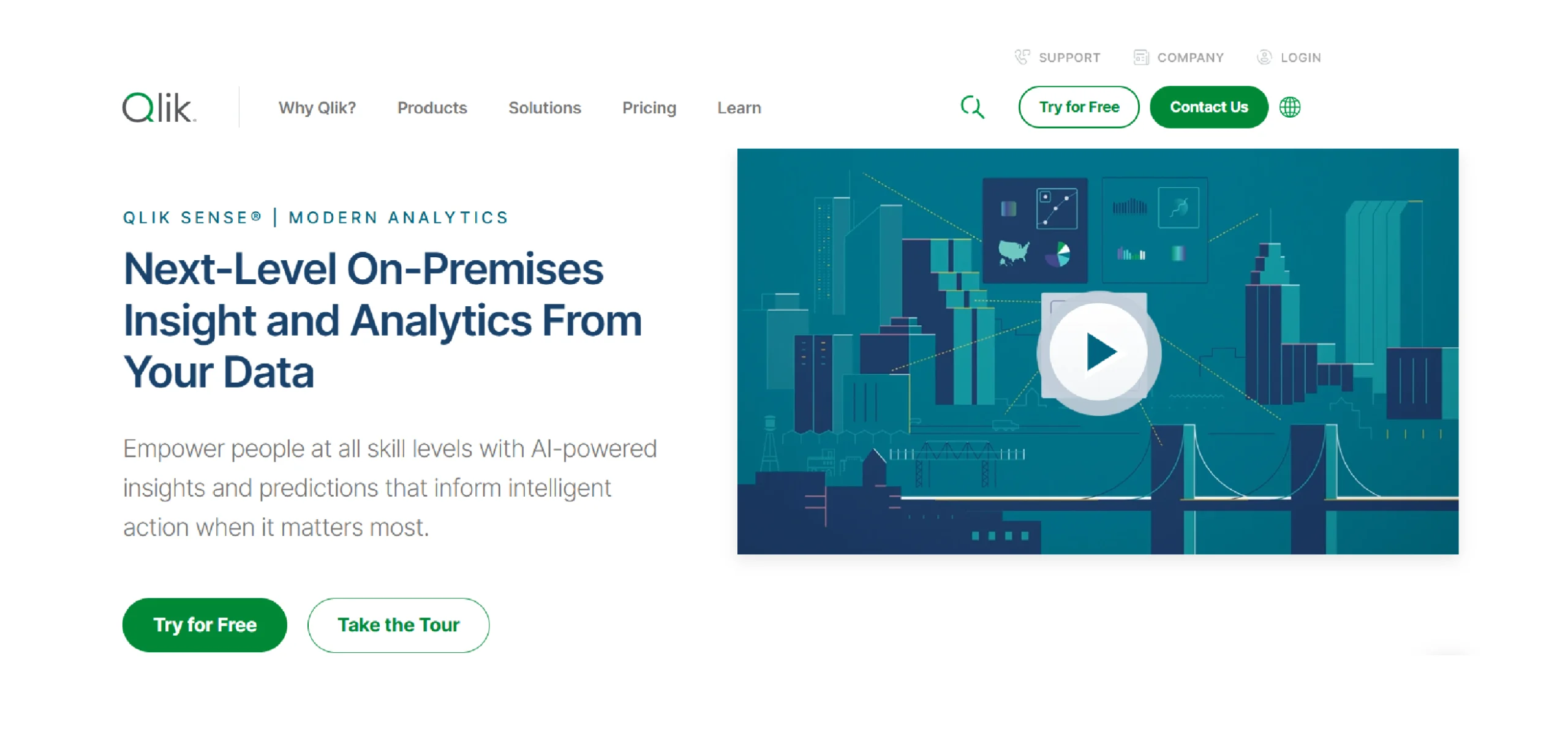 Home page of Qlik Sense, a data analytics platform that enables users to create interactive visualizations and dashboards.