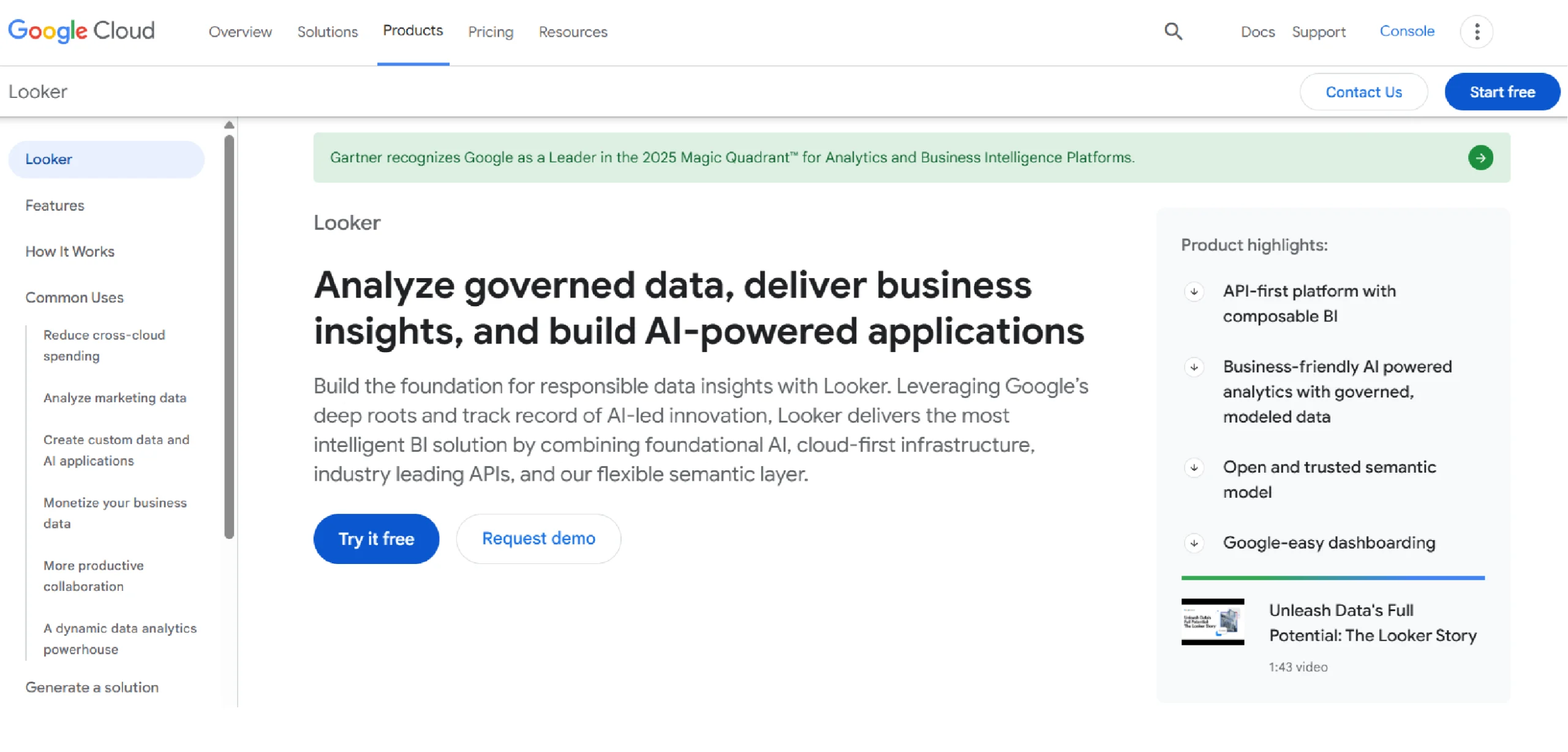 Home page of Looker, a business intelligence platform integrated into the Google Cloud ecosystem.