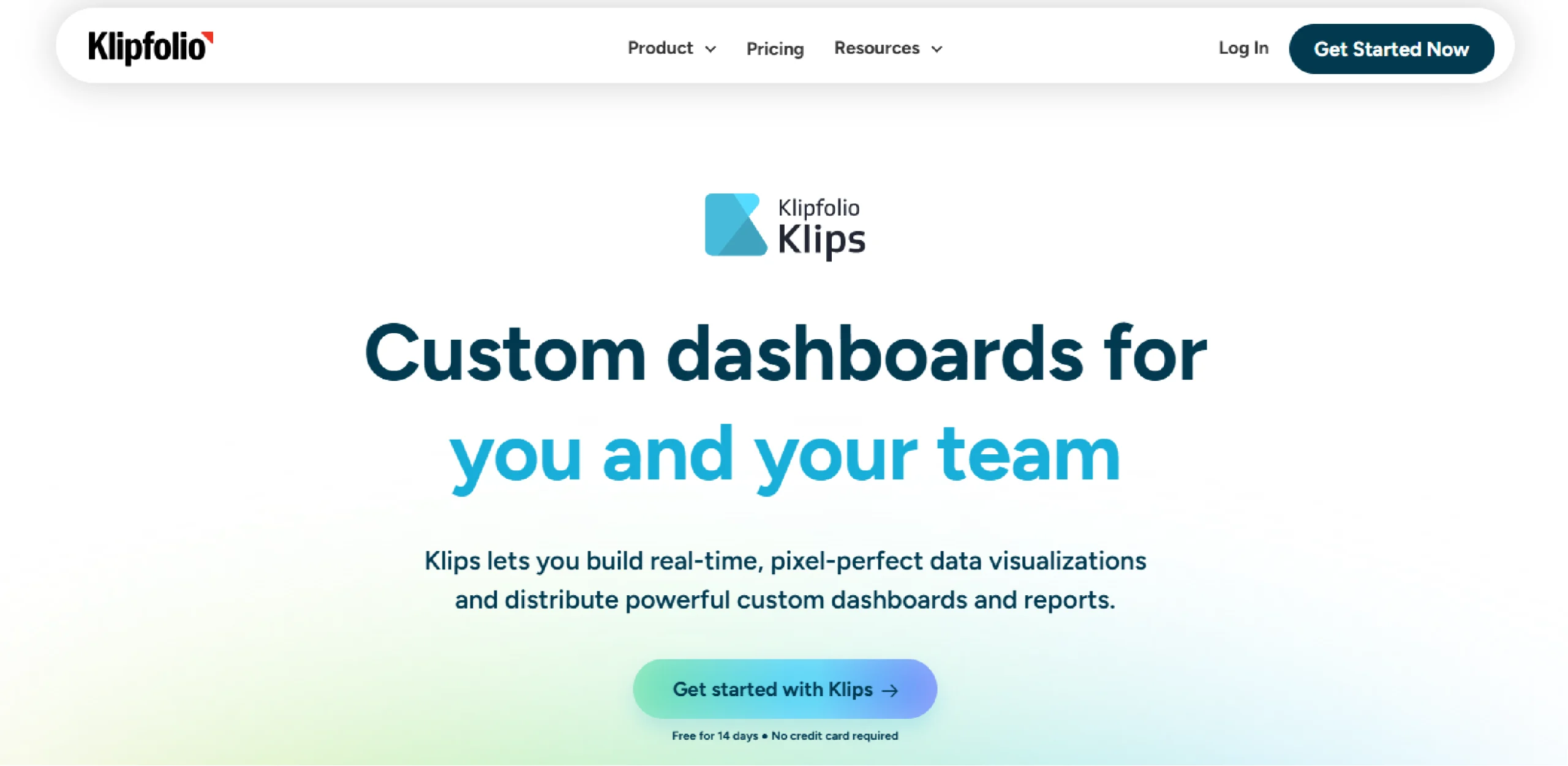 Home page of Klipfolio, a cloud-based business intelligence platform that specializes in real-time data dashboards.