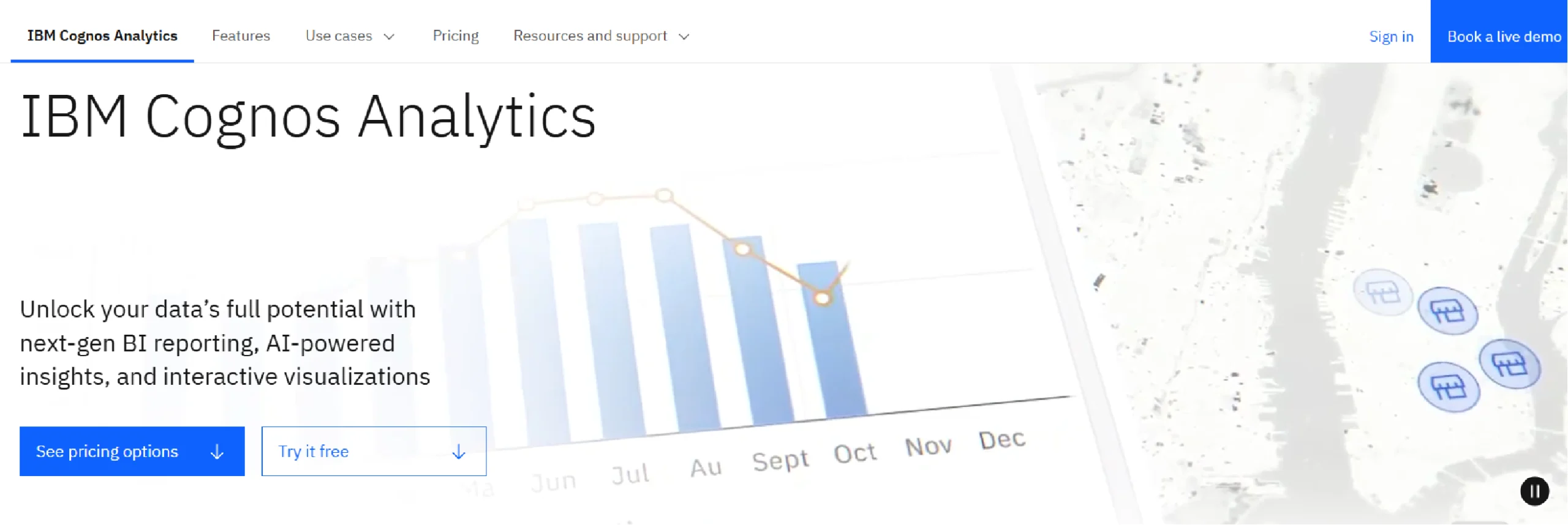 Home page of IBM Cognos Analytics, an AI-powered business intelligence platforms for enterprise-scale data.