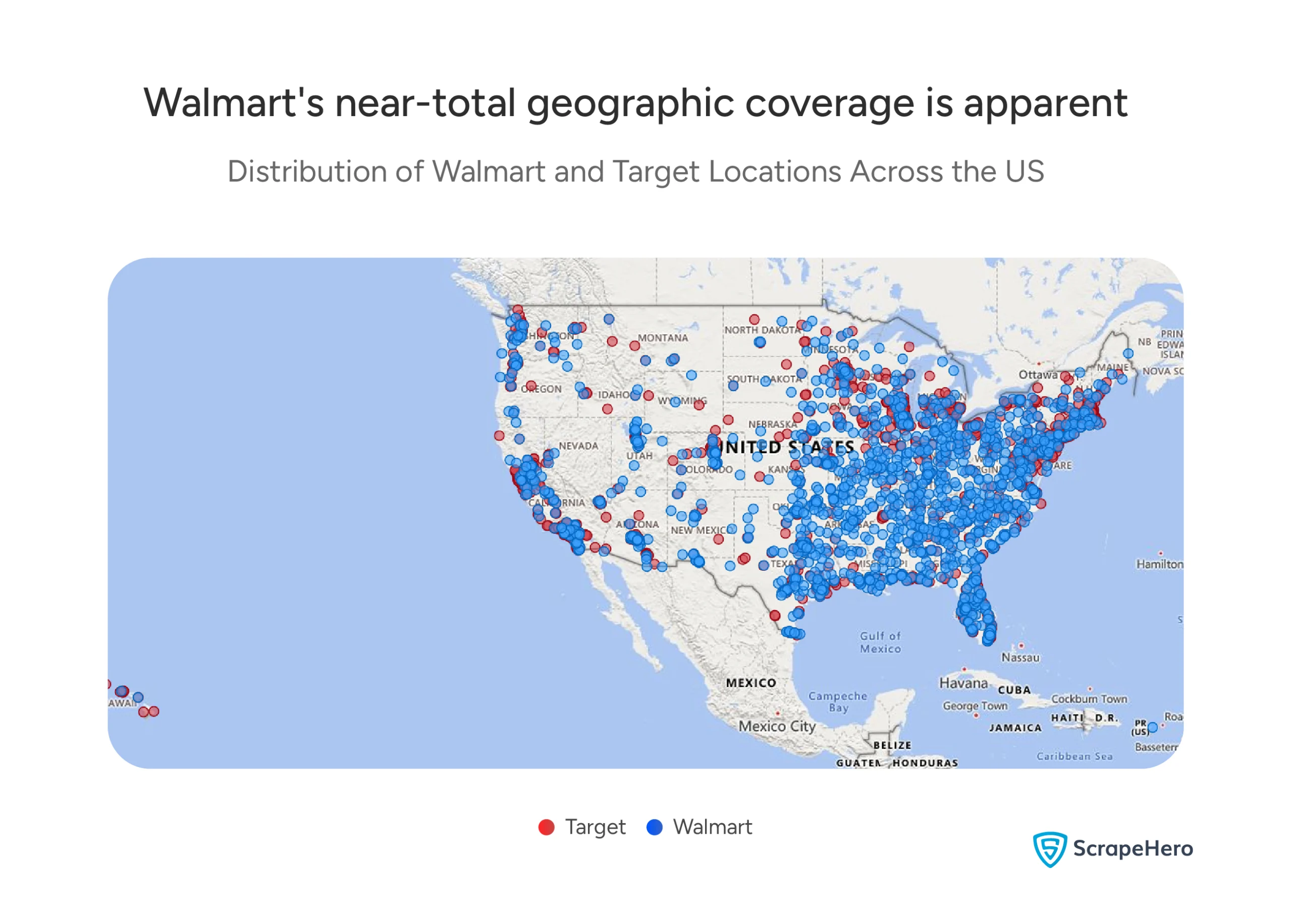 Map of the US showing the store locations of Walmart and Target. 