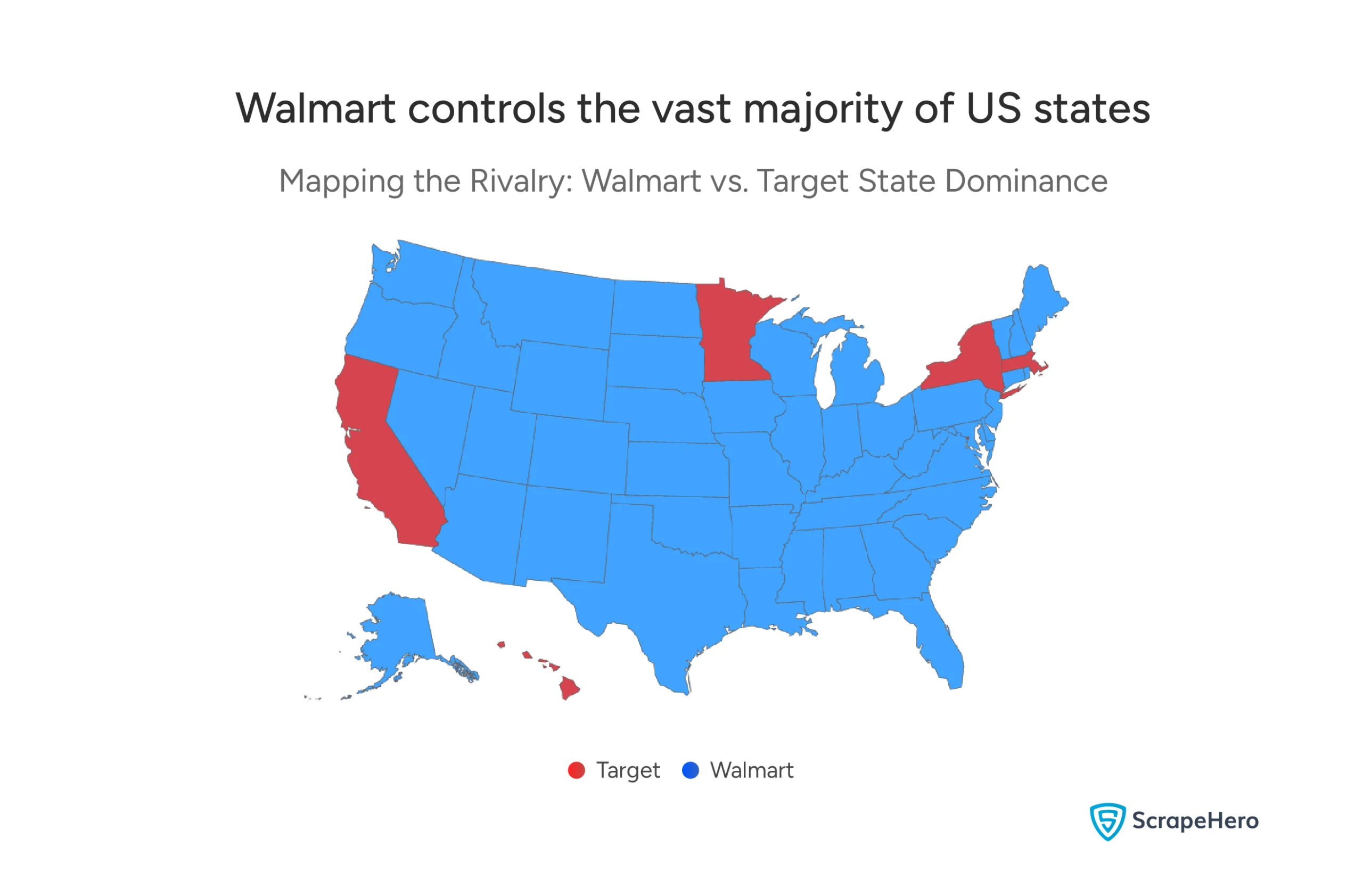 Map of the US showing states where Target locations outnumber Walmart stores. 